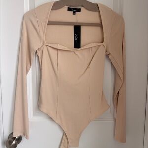 Lulu's Beige Ribbed Long Sleeve Bodysuit